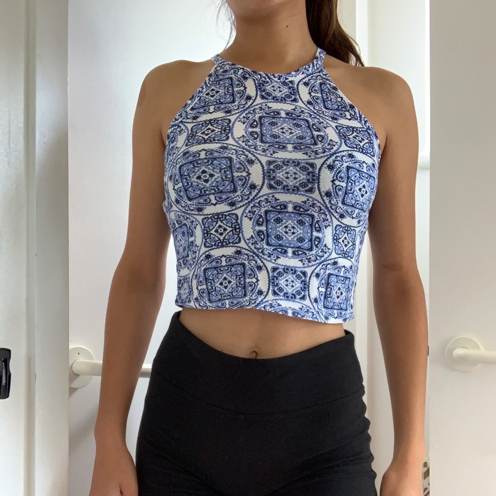 Blue patterned halter crop top